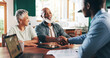 © peopleimages.com - Handshake, meeting and old couple with financial advisor for retirement fund, fraud protection and pension planning. Documents, greeting and shaking hands with people at home for account manager