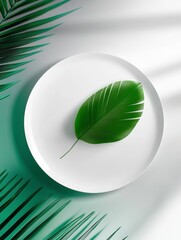 Wall Mural - tropical leaf on white plate - single green tropical leaf rests on a white plate, against a teal and