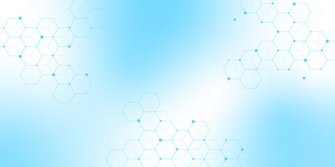 Leinwandbilder - Molecular structure abstract tech background. Geometric blue background. Vector banner design with hexagons. Science network pattern, connecting lines and dots Medical background, Vector illustration.