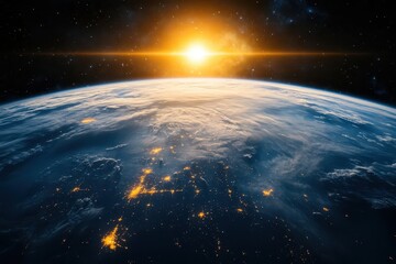 Wall Mural - earth seen from space station at sunrise city lights glowing through clouds aurora borealis dancing 
