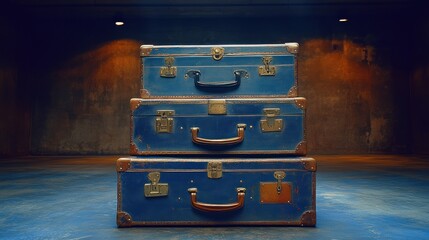 Blue vintage suitcases stacked, dark room, travel