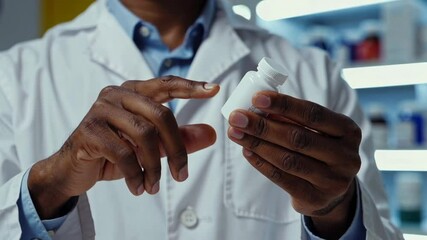 Poster - Professional african american pharmacist carefully handling medicine bottle with expertise, capturing pharmaceutical consultation moment in slow motion, drugstore shelves visible in background