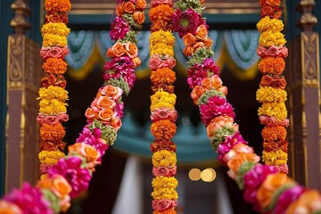 close-up shot of a colorful flower garland decoration, known as a toran, hanging in a doorway for an Indian Hindu holiday or wedding celebration.