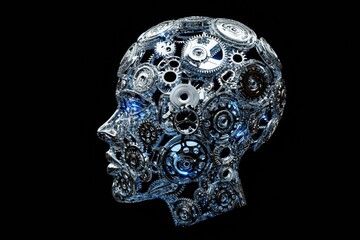 Poster - Human head contour filled with interlocking gears symbolizes the essence of artificial intelligence in modern technology. Generative AI