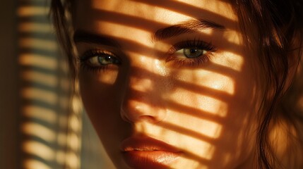 Poster - Warm sunlight filters through slatted blinds, casting intricate shadows on the woman's face. Her striking eyes express a deep sense of contemplation, enhancing the serene atmosphere of the moment.