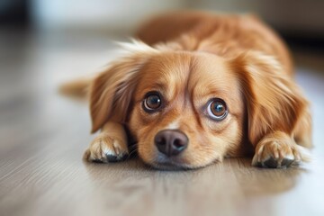 Aufkleber - Cute golden brown dog lying on wooden floor with expressive eyes looking curiously. Generative AI