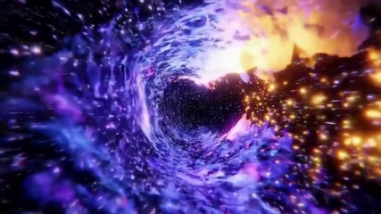 a glowing black hole with swirling purple and blue cosmic energy and bright light at its core, surro