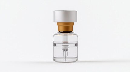 Poster - Clear glass bottle with silver and gold cap standing on white background