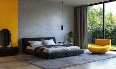 Canvas Print - Modern Bedroom Interior Design with Yellow Accent