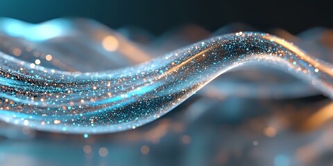 Poster - Glowing blue wave with sparkling particles flowing in dark space, abstract luminous curved lines with bokeh effect and shimmering dots. Suitable for tech backgrounds.