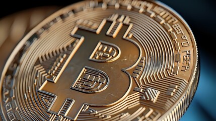 Poster - Golden bitcoin macro shot showing detailed cryptocurrency coin texture and surface with metallic shine against dark background. Digital money concept.