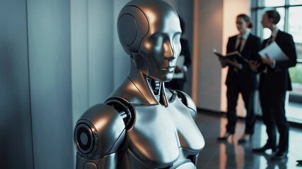 Aufkleber - Humanoid robot sitting motionless during career selection process. Waiting patiently while human resource managers deliberate in corporate office background. Showcasing futuristic employment dynamics