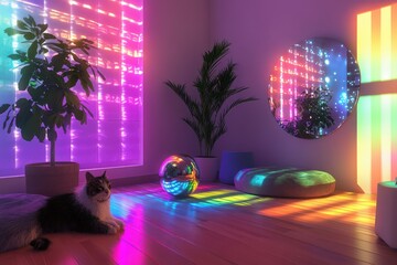 Wall Mural - Cat Relaxing in a Vibrant Neon Lit Room