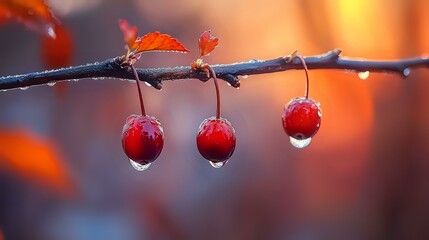 Poster - Fresh red berries with water drops hanging on bare autumn branch against blurred orange sunset background, creating serene natural composition.