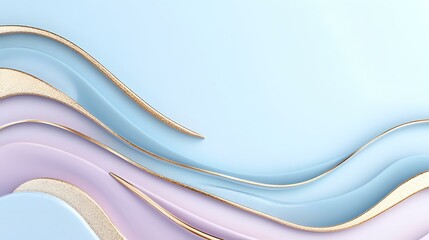 Poster - Elegant layered waves in soft pastel blue and pink with golden lines create modern abstract background design for luxury branding and presentations.