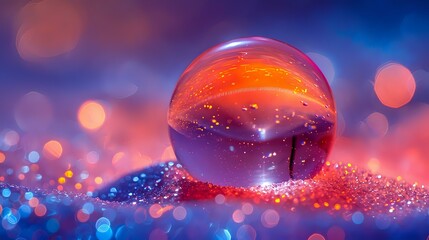 Poster - Crystal ball on sparkling surface reflects magical sunset sky with silhouette of tree, dreamy bokeh lights create mystical atmosphere in pink and blue tones.