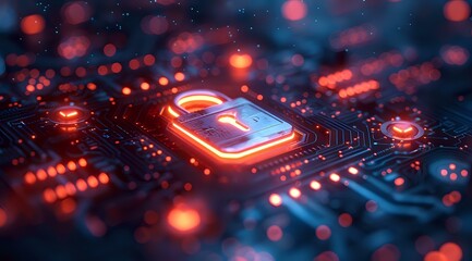 Poster - Glowing padlock icon on circuit board with neon red and blue lights, digital security concept background with bokeh effect and depth of field.