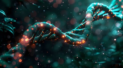 Poster - DNA strand with glowing turquoise and orange particles against dark background, molecular structure visualization showing genetic research and biotechnology concept.