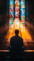 Poster - Bathed in vibrant light from the stained glass windows, a man sits quietly in a spacious church. The interplay of colors creates a serene atmosphere, inviting deep thought and reflection.