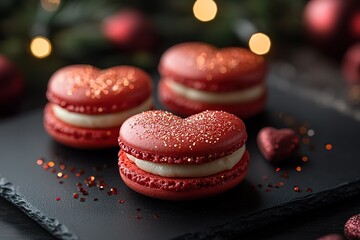 Wall Mural - Heart-shaped red macarons with gold glitter Romantic dessert for Valentine's Day or special occasions perfect for a sweet treat