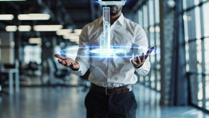 Poster - Architect wearing a vr headset explores a 3d model of a building, rotating and manipulating the hologram with hand gestures in a modern office environment, visualized in slow motion