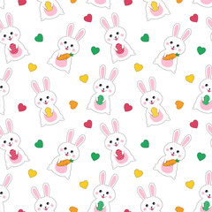 Wall Mural - Easter seamless pattern.Cute colorful repeat pattern with eggs, carrots, hearts and rabbit little bunny isolated on white background.Vector graphic illustration.