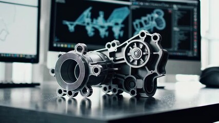 Poster - Metal mechanical component rotating slowly on a desk in an engineering lab, with cad software open on the computer screen in the background