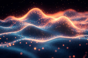 Poster - A blue and orange wave with a lot of sparkles. Abstract background with glowing blue and green waves on a black backdrop, a concept of sound or music visualization.