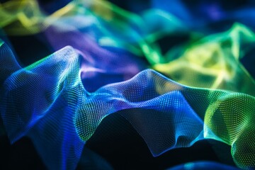 Poster - A colorful wave of light is shown in the image. Abstract background with glowing blue and green waves on a black backdrop, a concept of sound or music visualization.