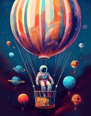 Wall Mural - Whimsical hot air balloon journeying through a vibrant cosmic galaxy with surrounding planets and twinkling stars. Generative AI