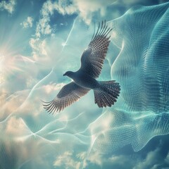 Poster - a bird's flight through an ethereal sky: freedom amidst digital clouds and radiant sunlight.