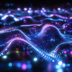 Poster - abstract glowing network: a dazzling display of digital waves and spherical nodes in deep blue and p