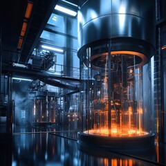 Aufkleber - Futuristic Industrial Interior: Illuminated Reactor Cores and Reflective Surfaces Create a High-Tech Atmosphere