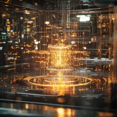 Aufkleber - Golden City: A Luminous Data Hub and Information Center with Circular Patterns and Modern Aesthetics