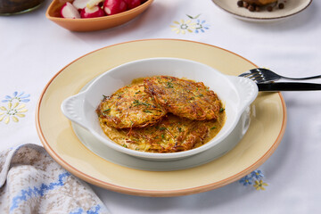 Sticker - Rustic Potato Pancakes with Bright and Inviting Table Setting