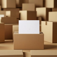 Poster - Presentation Mockup: White Card Standing on Brown Box Amidst a Stacked Cardboard Box Arrangement 