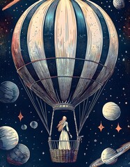 Wall Mural - Whimsical hot air balloon journeying through a vibrant cosmic galaxy with surrounding planets and twinkling stars. Generative AI