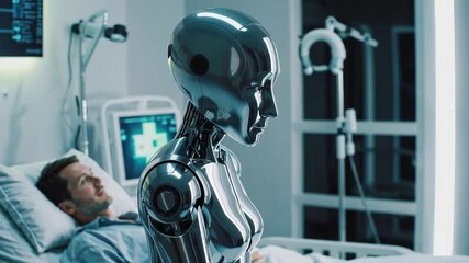Aufkleber - Advanced medical technology is showcased with a metallic robot nurse providing care and support to a male patient resting in a hospital bed, captured in slow motion