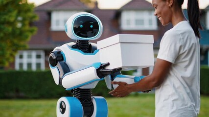 Aufkleber - Autonomous delivery robot navigating residential garden, smoothly transporting package with advanced ai technology, revolutionizing last mile delivery and customer service