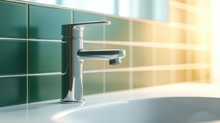 Bright morning light filters through a bathroom, highlighting a sleek chrome faucet beside a white sink and vibrant green tiled wall, creating a fresh atmosphere