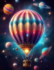 Wall Mural - Whimsical hot air balloon journeying through a vibrant cosmic galaxy with surrounding planets and twinkling stars. Generative AI