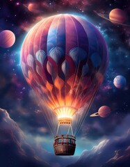 Wall Mural - Whimsical hot air balloon journeying through a vibrant cosmic galaxy with surrounding planets and twinkling stars. Generative AI