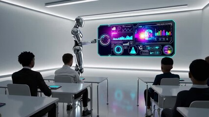 Poster - Futuristic robot teacher presenting data and charts on a holographic screen to a diverse group of students in a modern classroom, showcasing advancements in educational technology