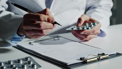 Poster - Medical professional in white lab coat prescribing medication, holding blister pack and documenting treatment details while writing on clipboard during medical consultation in slow motion
