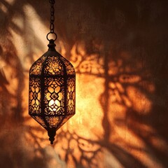 Poster - An ornate lantern hangs gracefully, illuminating a wall with mesmerizing arabesque shadows. The gentle glow creates a serene atmosphere, evoking a sense of tranquility and warmth.