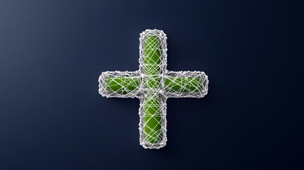Poster - Abstract Green Plus Sign Created with Wireframe and Rope Design