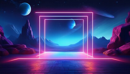 Wall Mural - abstract neon background with geometric shape beautiful frame and extraterrestrial landscape under t