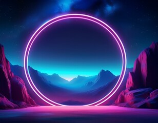 Wall Mural - abstract neon background with geometric circle shape beautiful frame and extraterrestrial landscape 