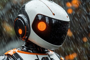 Poster - Robot with glowing orange eyes stands under rain with a blurred colorful background, showcasing futuristic technology and design in a natural setting