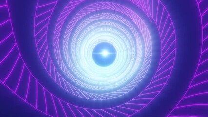 Poster - Vibrant purple and pink wireframe tunnel leading to a central glowing sphere, representing digital technology, futuristic design, and innovation background, video in high quality 4k, motion design